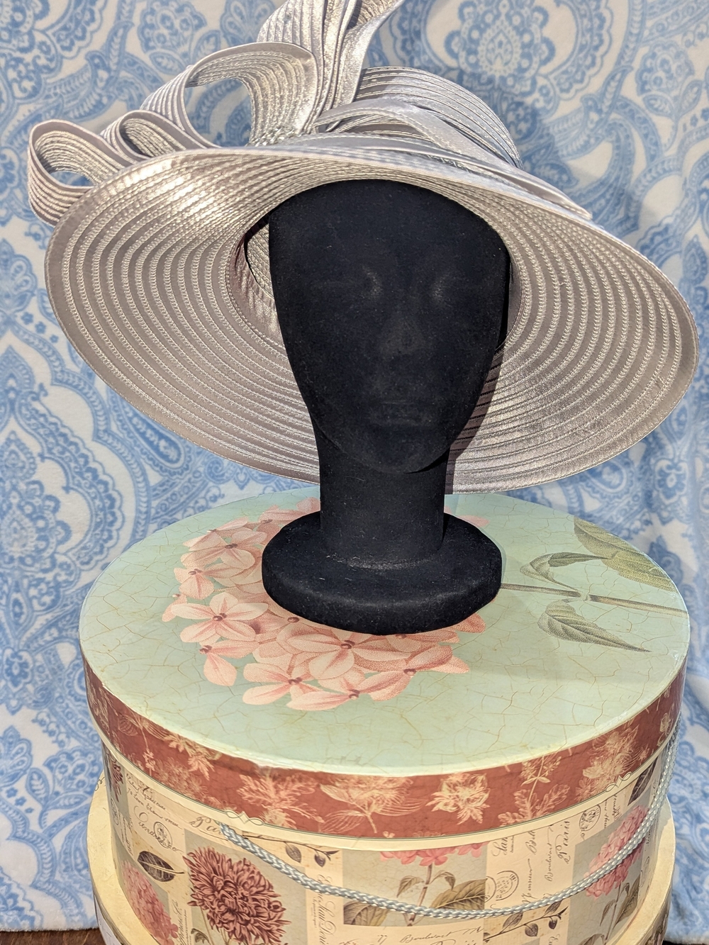 Elegant Wide-Brim Silver Women's Dress Hat With Rhinestone Bow